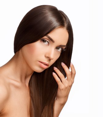 Kahverengi saçlı güzel kız. Uzun düz Saç Parlatıcı ile s