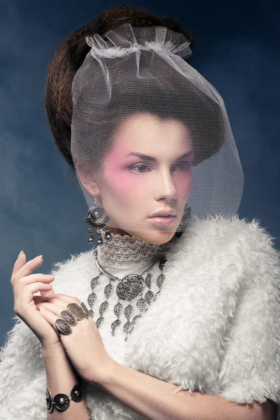 Elegant lady in a fur coat with a veil — Stock Photo, Image