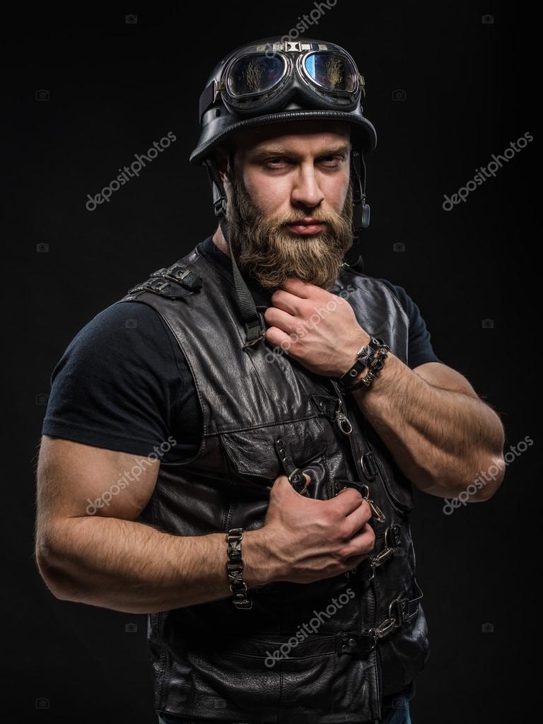 Portrait Handsome Bearded Biker Man in Leather Jacket and Helmet Stock ...