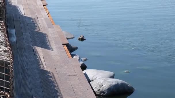 Drewniany brzeg jeziora robiony dla ludzi odpoczywac. Macha powierzchnią wody. Statyczny strzał ręczny. 4k wideo — Wideo stockowe