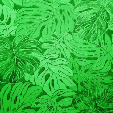 Yeşil seramik seramik, duvar ve zemin dekorasyonu için tropik yaprak desenli. Beton taş yüzey arka planı. İç tasarım projesi için çiçek süslemeli botanik dokusu.