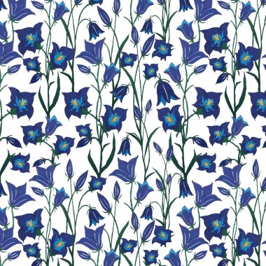 Mavi çan çiçekli, buharlı ve yapraklı kusursuz vektör deseni. Beyaz arka planda el çizimi botanik tasarımı. Kumaş, tekstil, ambalaj kağıdı, kart, davetiye için çiçek tasarımı.