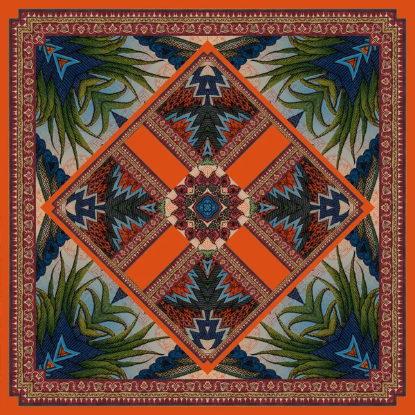 Traditioneller Quadratischer Schal Mit Unterschiedlichen Geometrischen Und Paisley Mustern — Stockfoto