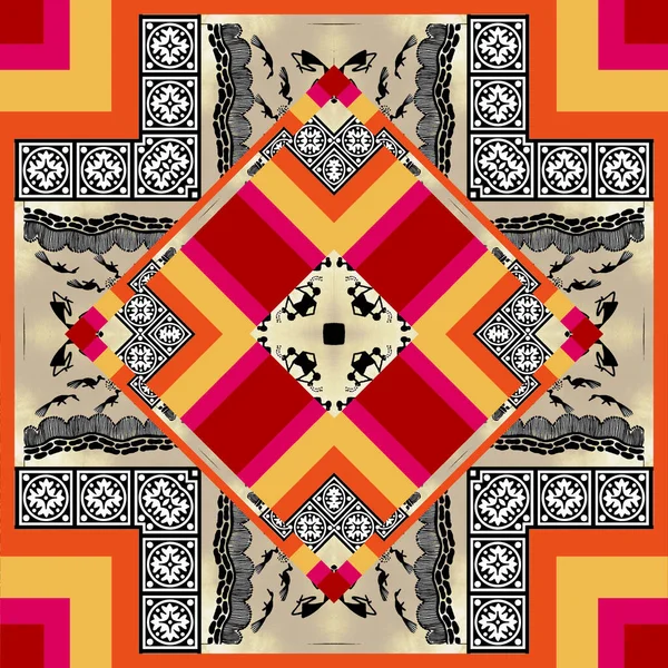 Traditioneller Quadratischer Schal Mit Unterschiedlichen Geometrischen Und Paisley Mustern — Stockfoto