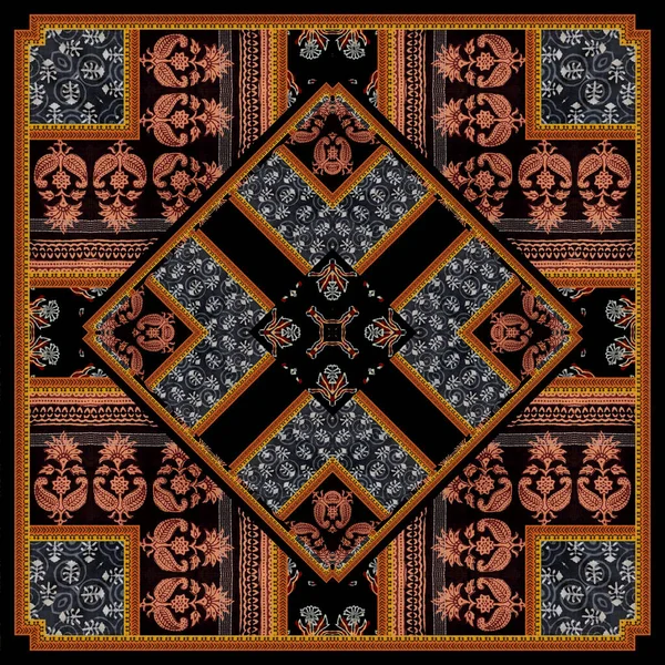 Traditioneller Quadratischer Schal Mit Unterschiedlichen Geometrischen Und Paisley Mustern — Stockfoto