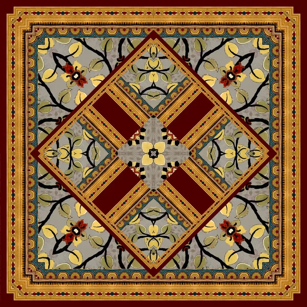 Παραδοσιακό Κασκόλ Τετράγωνο Διαφορετικά Γεωμετρικά Και Paisley Μοτίβο — Φωτογραφία Αρχείου