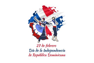Çeviri: 27 Şubat, Dominik Cumhuriyeti Bağımsızlık Günü. Dominik Cumhuriyeti 'nin ulusal danslarıyla vektör illüstrasyonu. Tebrik kartı, poster ve afiş için uygun 