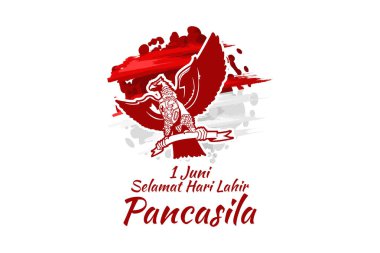 Tercümesi: 1 Haziran, Mutlu Yıllar Pancasila (1 Juni, selamat hari lahir Pancasila) vektör illüstrasyonu. Tebrik kartı, poster ve afiş için uygun. 