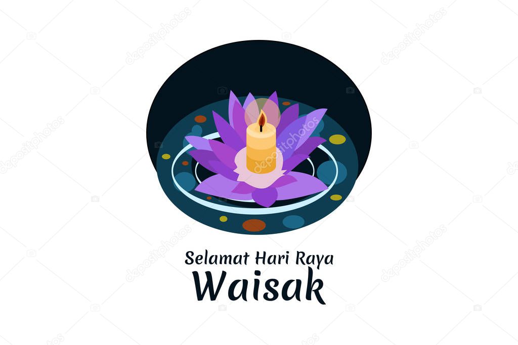 Translation: Happy Vesak day. Vesak or Waisak day vector illustration. Suitable for greeting card, poster and banner 