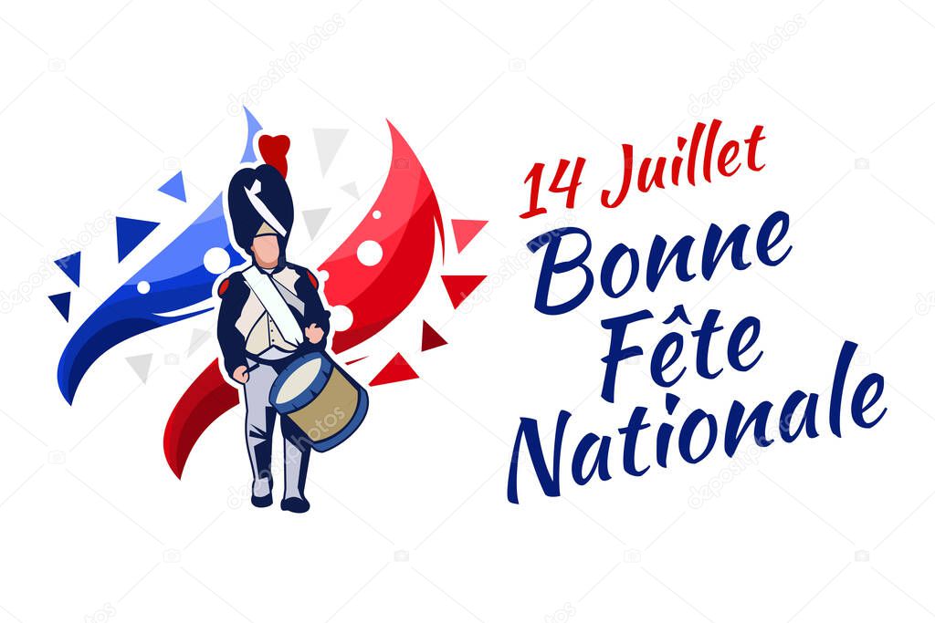 Translate:July 14, Happy National day. Happy Happy National day of France vector illustration. Suitable for greeting card, poster and banner