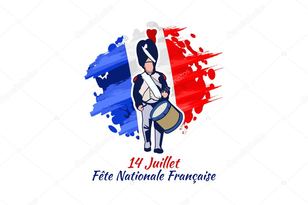 Translate:July 14, National day of France. Happy Bastille day (Fte nationale franaise) vector illustration. Suitable for greeting card, poster and banner