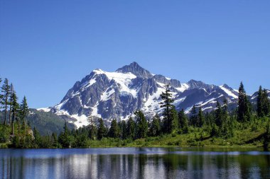 Clear Blue Sky ve Picture Lake ile Shuksan Dağı. Buzlu dağlı bir göl düşün. Shuksan bulutsuz bir yaz gününde arka planda.