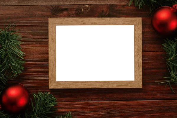 Merry Christmas Photo Frame Mockup Template Pine Leaves Decorations — Stock Photo, Image