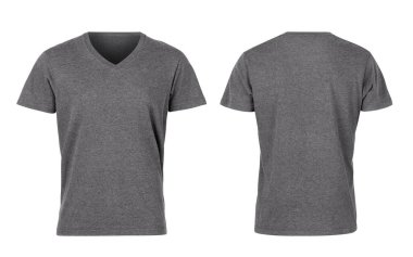Gray woman v-nect t-shirts front and back isolated on white background, Clipping path. clipart