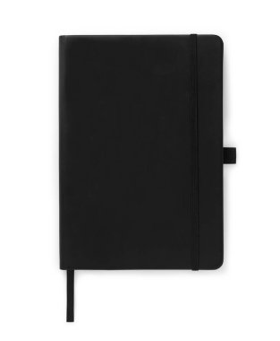 Beyaz arka planda elastik izole edilmiş siyah deri defter modeli. Üst görünüm, kırpma yolu.