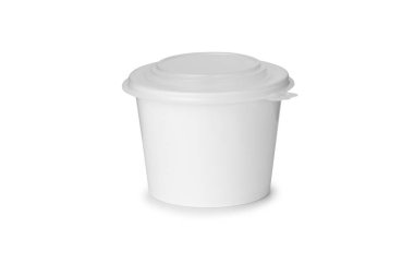 Beyaz kartondan yiyecek kupası maketi, kırpma yolu ile beyaz arkaplanda izole edilmiş..