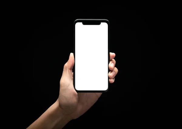 Mão Masculina Segurando Smartphone Com Tela Branco Noite Sobre Fundo — Fotografia de Stock