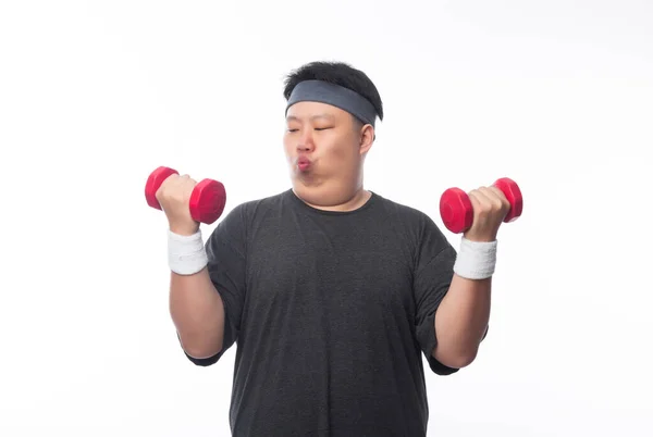 Cansado Engraçado Gordura Asiático Homem Esporte Roupas Exercitando Com Haltere — Fotografia de Stock