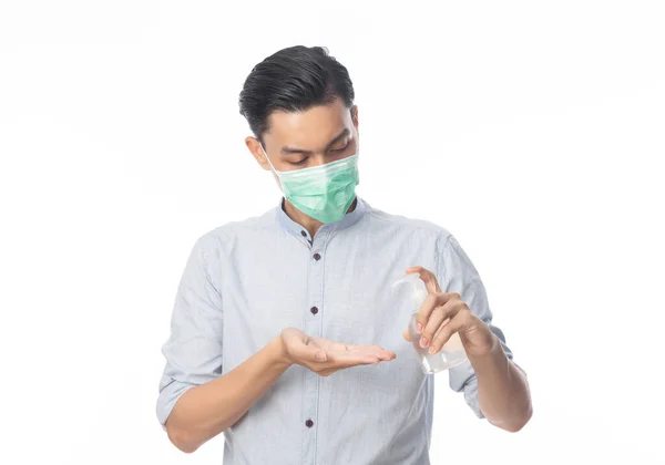 Ung Asiatisk Affärsman Bär Hygienisk Mask Och Använder Handinitiator Eller — Stockfoto