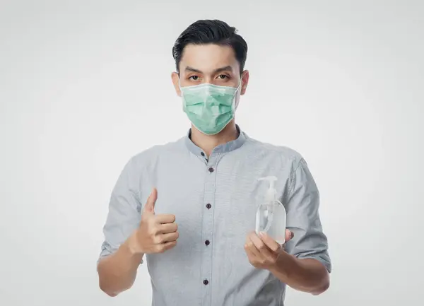 Ung Asiatisk Affärsman Som Bär Hygienisk Mask Och Håller Hand — Stockfoto