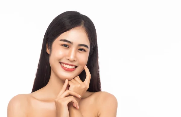 Beautiful Young Asian Woman Clean Fresh Skin Hands Touching Face — Stock Photo, Image