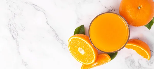 Fresh Orange Juice Glass Oranges Fruit White Marble Table Banner — Stock Photo, Image
