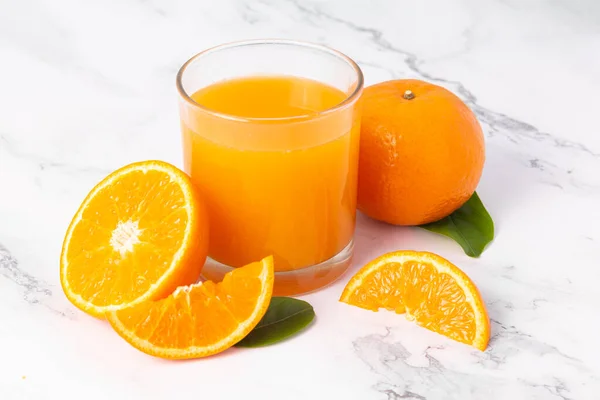 Fresh Orange Juice Glass Oranges Fruit White Marble Table Background — Stock Photo, Image