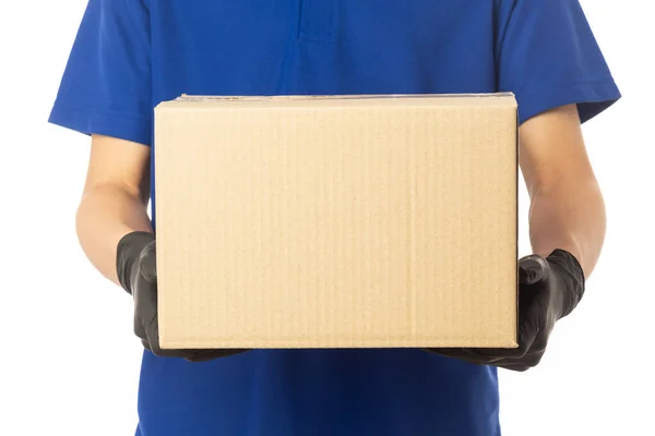 Closeup Delivery Man Hand Medical Gloves Holding Cardboard Box Isolated — Stock Photo, Image