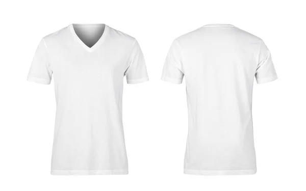 Bianco Donna Nect Shirt Anteriore Posteriore Isolato Sfondo Bianco Percorso — Foto Stock