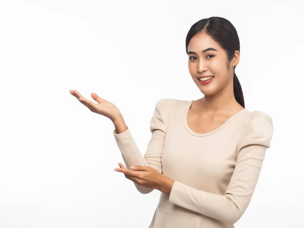 Retrato Joven Mujer Negocios Asiática Apuntando Hacia Arriba Aislado Sobre —  Fotos de Stock