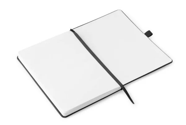 Üres Nyitott Notebook Mockup Elszigetelt Fehér Háttérrel Vágási Útvonal — Stock Fotó