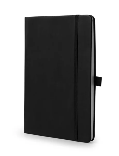 Μαύρο Δερμάτινο Notebook Mockup Ελαστικό Απομονωμένο Λευκό Φόντο Διαδρομή Αποκοπής — Φωτογραφία Αρχείου