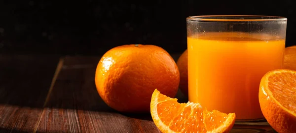 Fresh Orange Juice Glass Oranges Fruit Wooden Table Banner Background — Stock Photo, Image