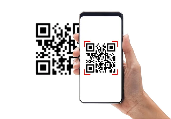El, akıllı telefon taraması QR kodu kullanıyor. Barkod okuyucu, Qr kod ödemesi, Nakitsiz teknoloji, Dijital para kavramı.