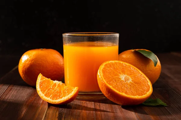 Fresh Orange Juice Glass Oranges Fruit Wooden Table Background — Stock Photo, Image