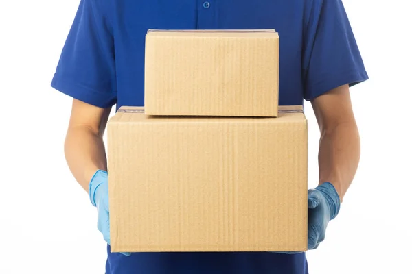 Closeup Delivery Man Hand Medical Gloves Holding Cardboard Boxes Isolated — Stock Photo, Image