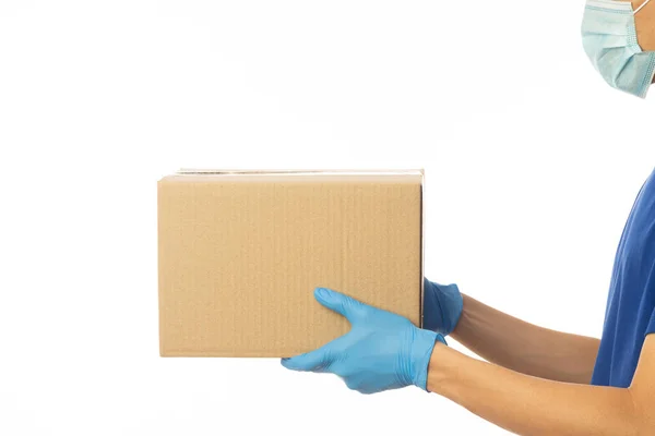 Delivery Man Hand Medical Gloves Wearing Mask Holding Cardboard Boxes — Stock Photo, Image