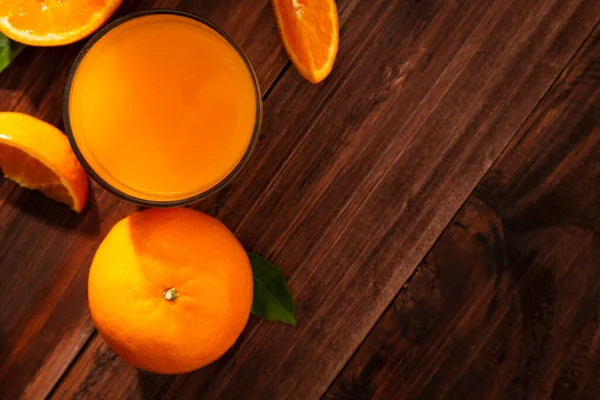 Fresh Orange Juice Glass Oranges Fruit Wooden Table Background Top — Stock Photo, Image