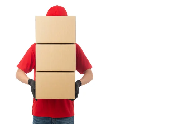 Young Delivery Man Holding Paper Cardboard Box Mockup Isolated White — Stock Photo, Image