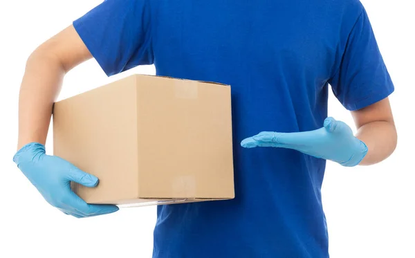 Delivery Man Hand Medical Gloves Holding Cardboard Box Mockup Isolated — Stock Photo, Image