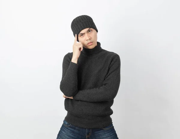 Joven Guapo Asiático Hombre Usando Gris Suéter Gorro Pensando Una —  Fotos de Stock