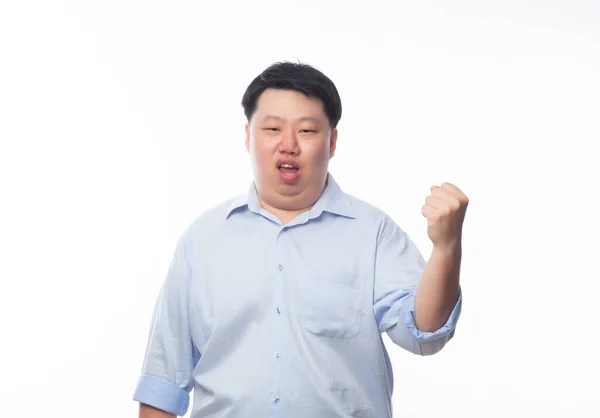 Jovem Gordura Ásia Homem Negócios Levantando Seus Punhos Com Engraçado — Fotografia de Stock