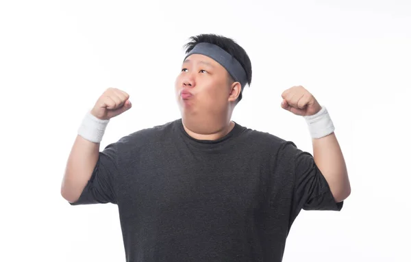 Young Asian Funny Fat Sport Man Showing Strenght Isolated White — Stock Photo, Image