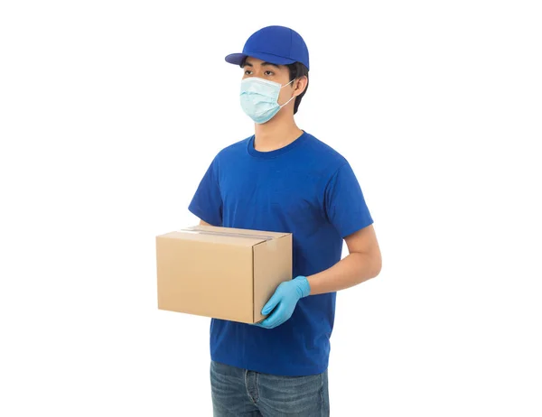 Young Delivery Man Wearing Mask Medical Gloves Holding Paper Cardboard — Stock Photo, Image