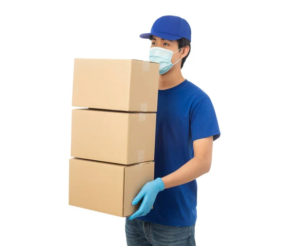 Young Delivery Man Wearing Mask Medical Gloves Holding Paper Cardboard — Stock Photo, Image