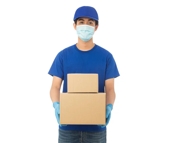 Young Delivery Man Wearing Mask Medical Gloves Holding Paper Cardboard — Stock Photo, Image