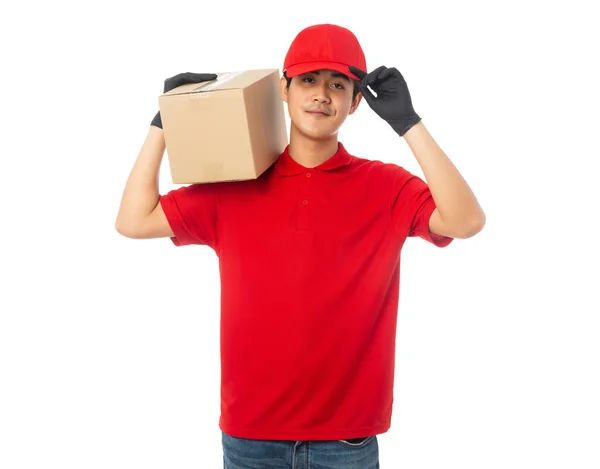 Young Delivery Man Red Uniform Holding Paper Cardboard Box Mockup — Stock Photo, Image