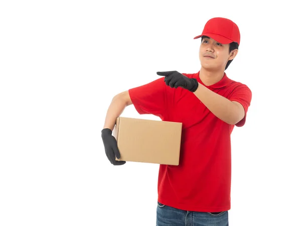 Young Delivery Man Red Uniform Holding Paper Cardboard Box Mockup — Stock Photo, Image
