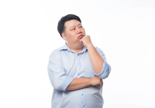 Jovem Gordura Ásia Homem Negócios Pensando Com Dúvidas Rosto Isolado — Fotografia de Stock