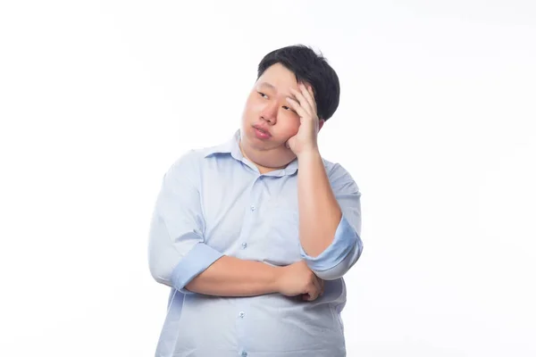 Jovem Gordura Ásia Homem Negócios Pensando Com Dúvidas Rosto Isolado — Fotografia de Stock